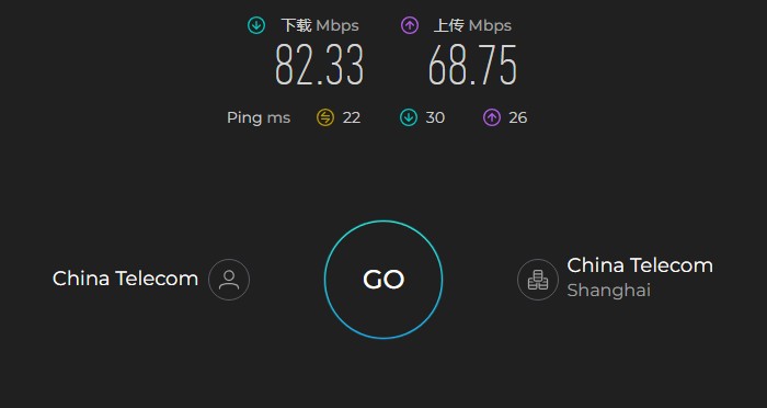 Astrill 在中国电信上海线路下的 Ookla Speedtest 测速结果:下载 82.33 Mbps,延迟 22ms