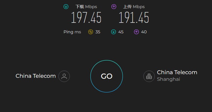 ExpressVPN 在中国电信上海线路下的 Ookla Speedtest 测速结果:下载 197.45 Mbps