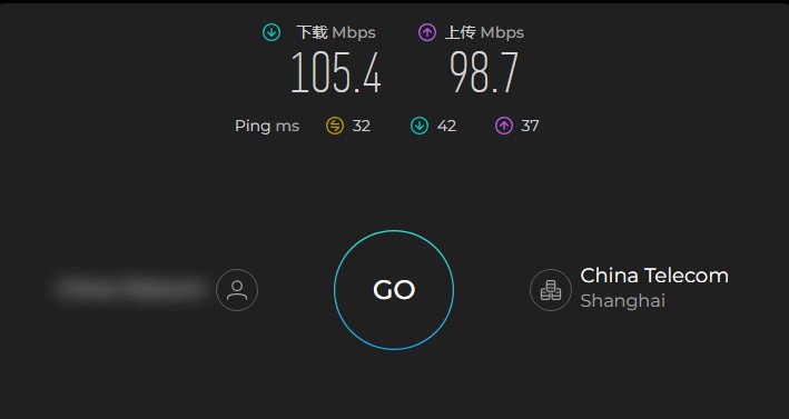 ProtonVPN 在中国电信上海线路下的 Ookla Speedtest 测速结果:下载 105.4 Mbps