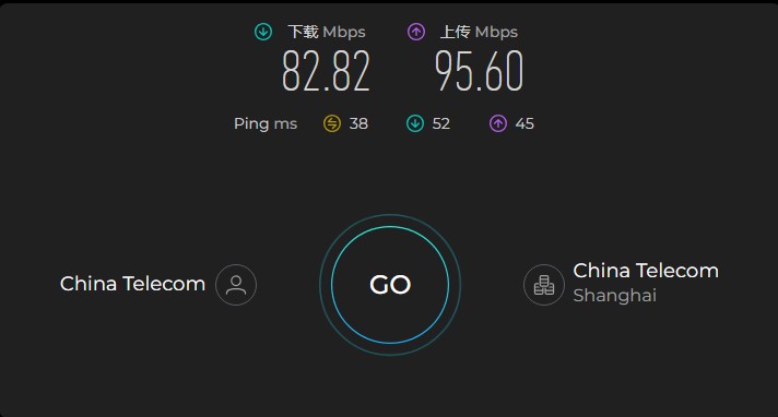StrongVPN 在中国电信上海线路下的 Ookla Speedtest 测速结果:下载 82.82 Mbps