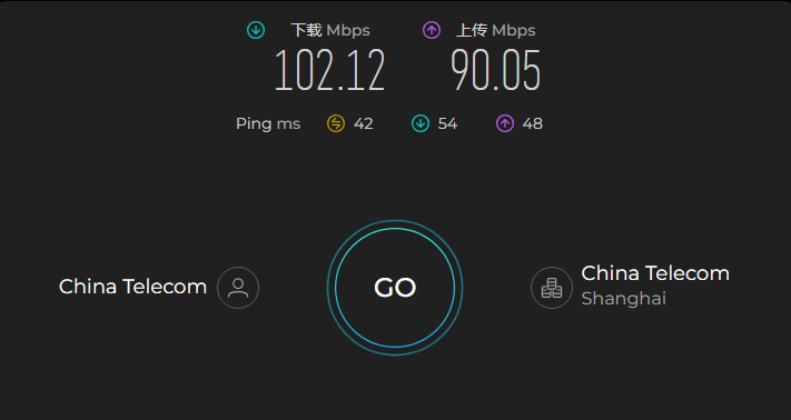 Surfshark 在中国电信上海线路下的 Ookla Speedtest 测速结果:下载 102.12 Mbps